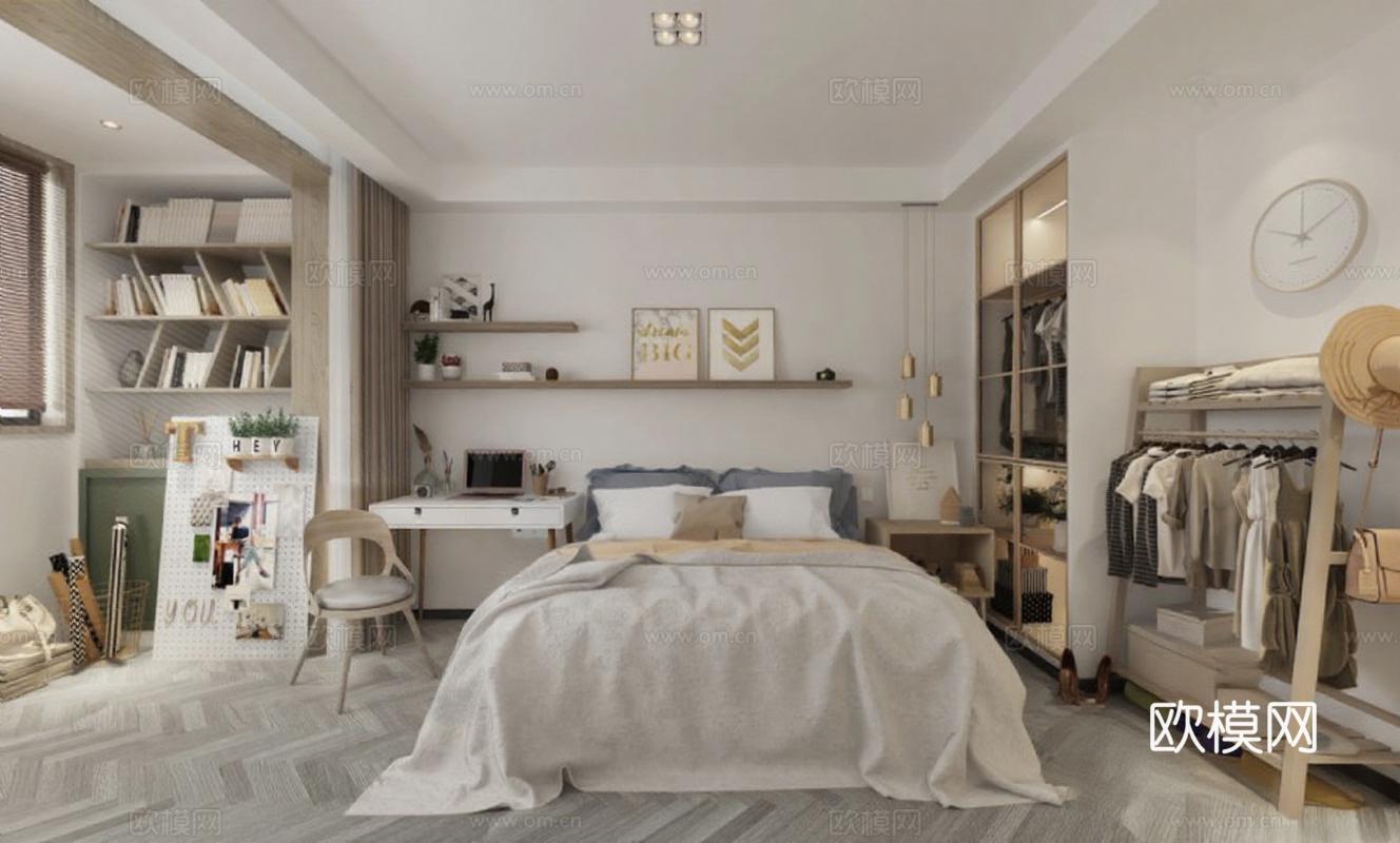 现代简约卧室设计 3D渲染效果图 原木色系家居装饰 温馨空间布局解析免费3d模型下载
