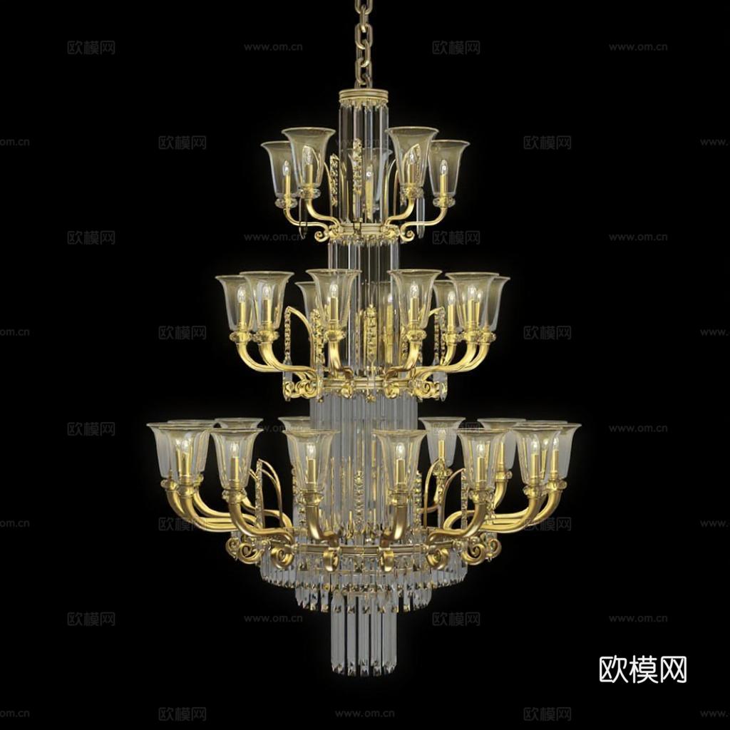 豪华水晶吊灯 多层结构吊灯 金色金属框架灯具 透明水晶灯饰 高端家居装饰灯 室内设计艺术灯具免费3d模型下载