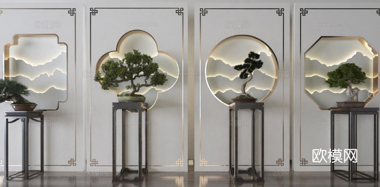 中式美学现代简约高端家居设计 3D渲染对称艺术盆景发光背景墙装饰免费3d模型下载
