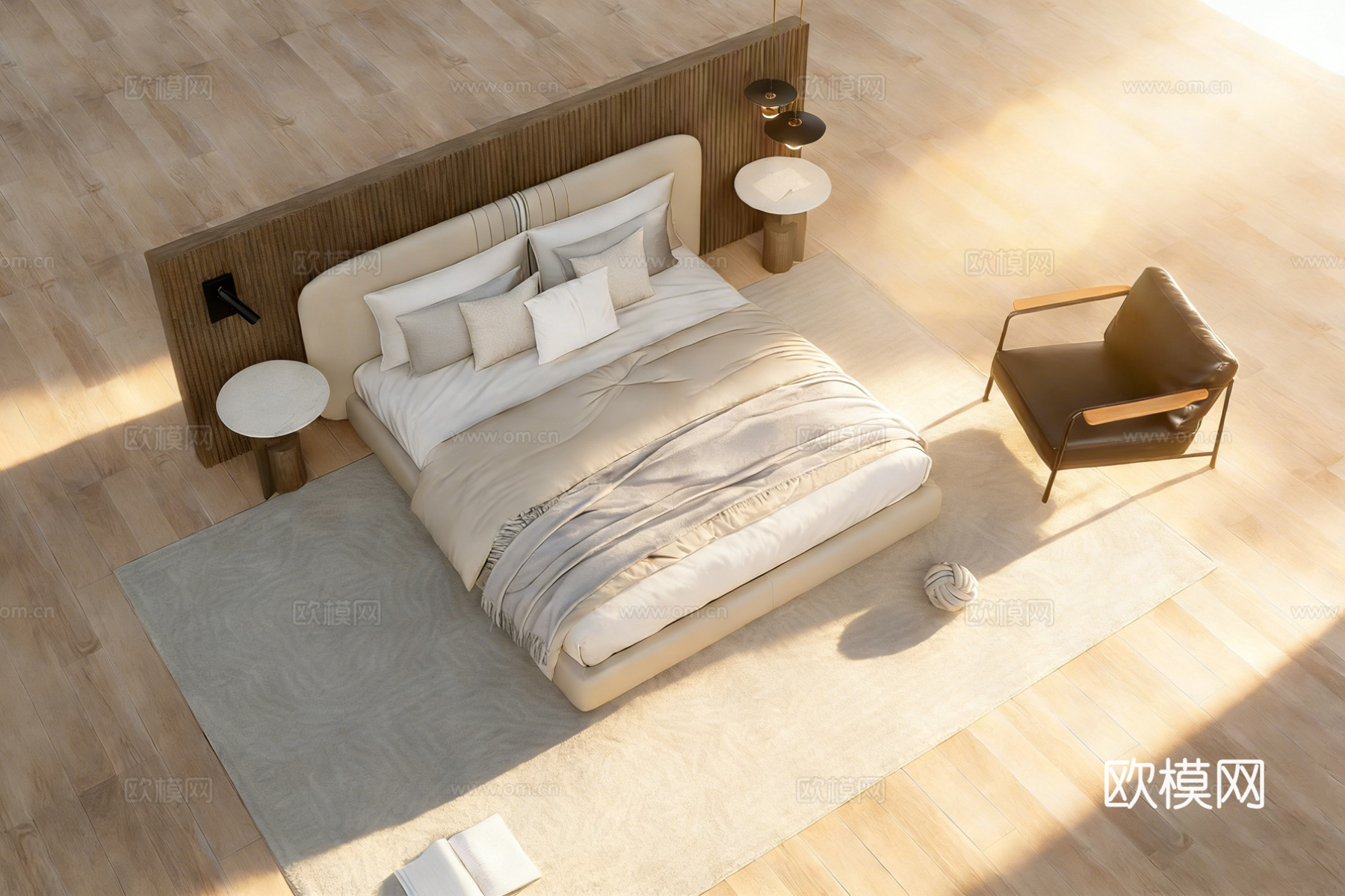 现代简约卧室双人床 双圆形边桌 编织纹理背景墙 金色吊灯 浅su模型
