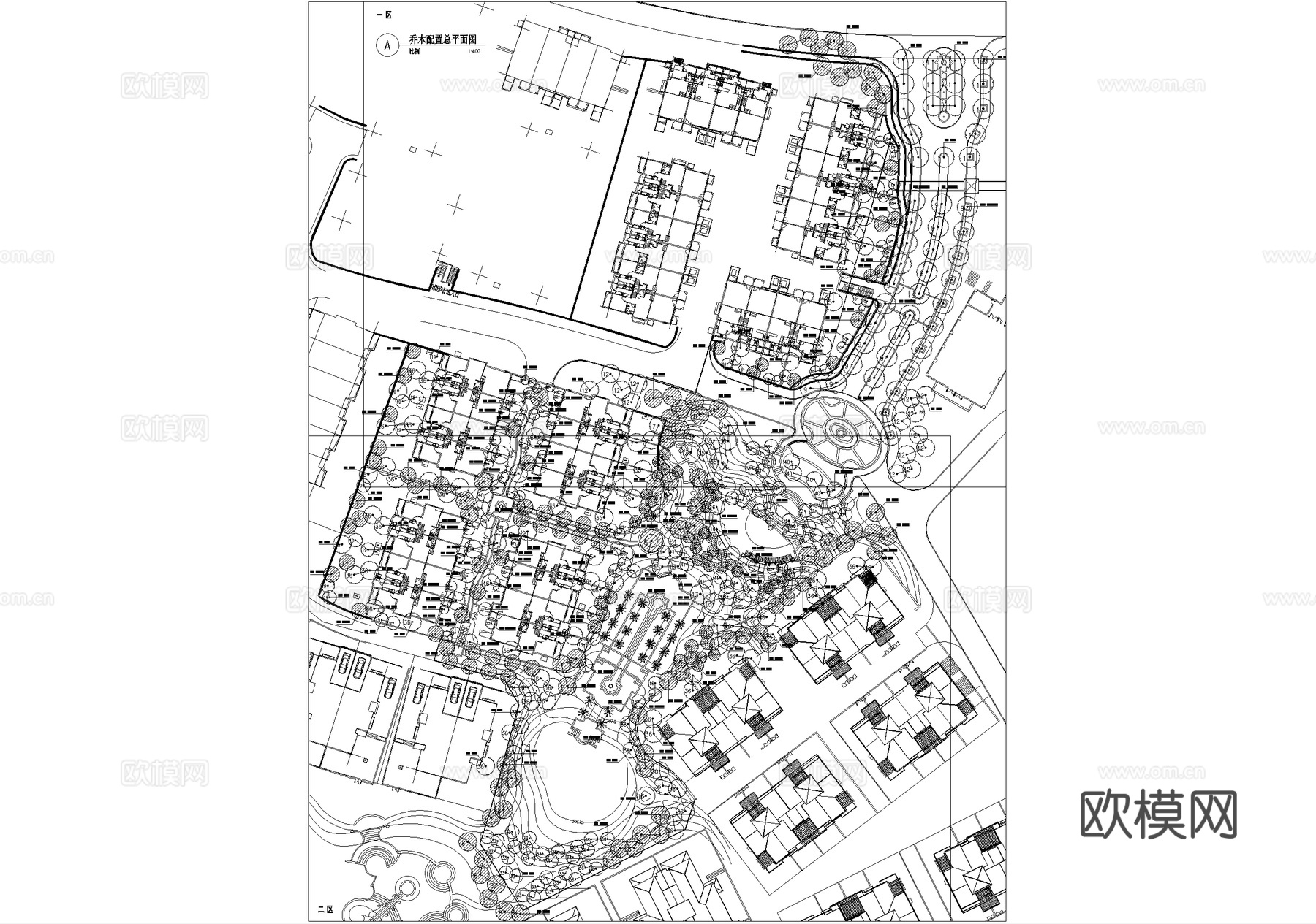 示范区景观植物种植绿化配置平面图 展示区样板区cad施工图