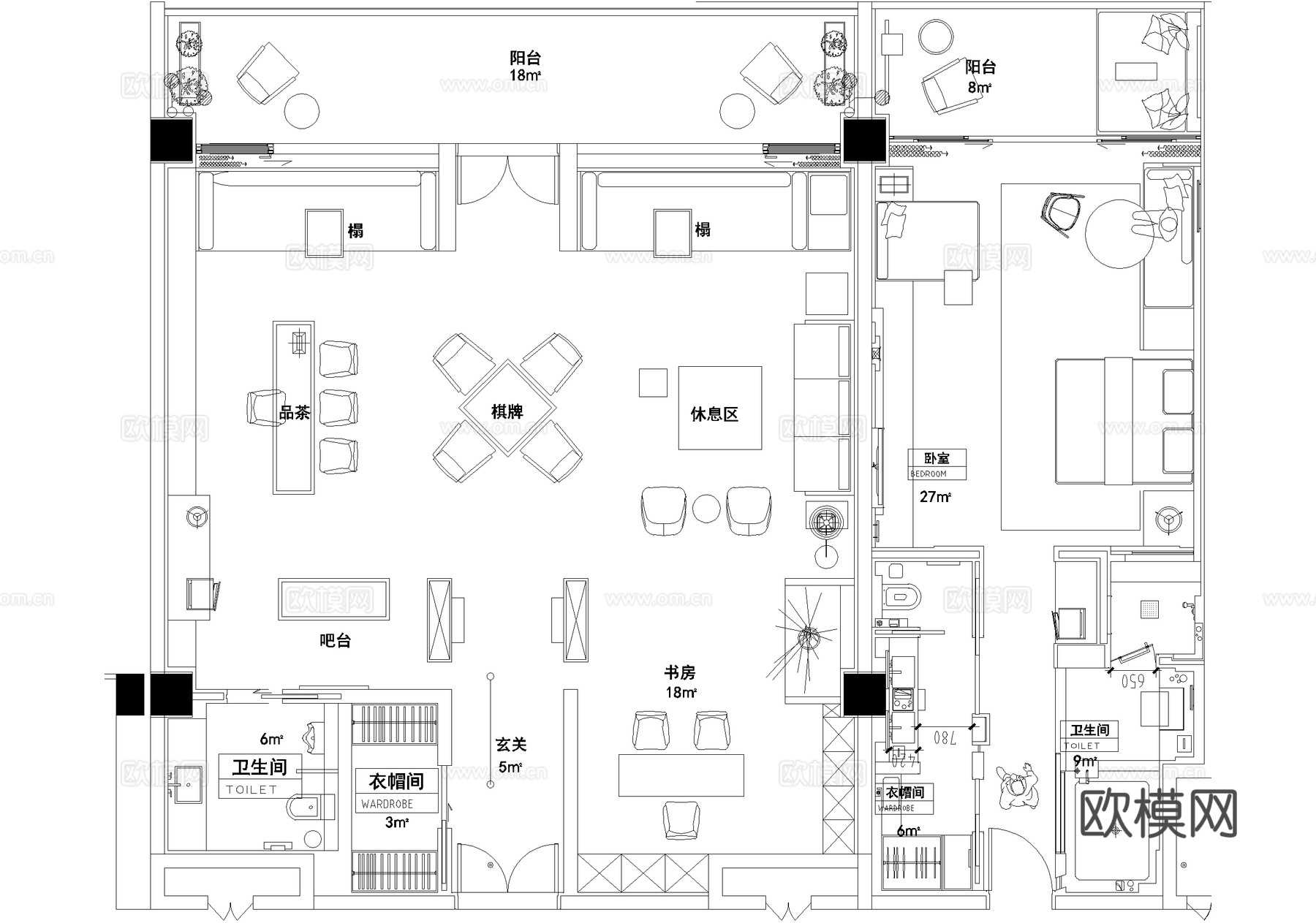 公寓式酒店客房平面图 大床房 套房 健身房 游泳池cad施工图