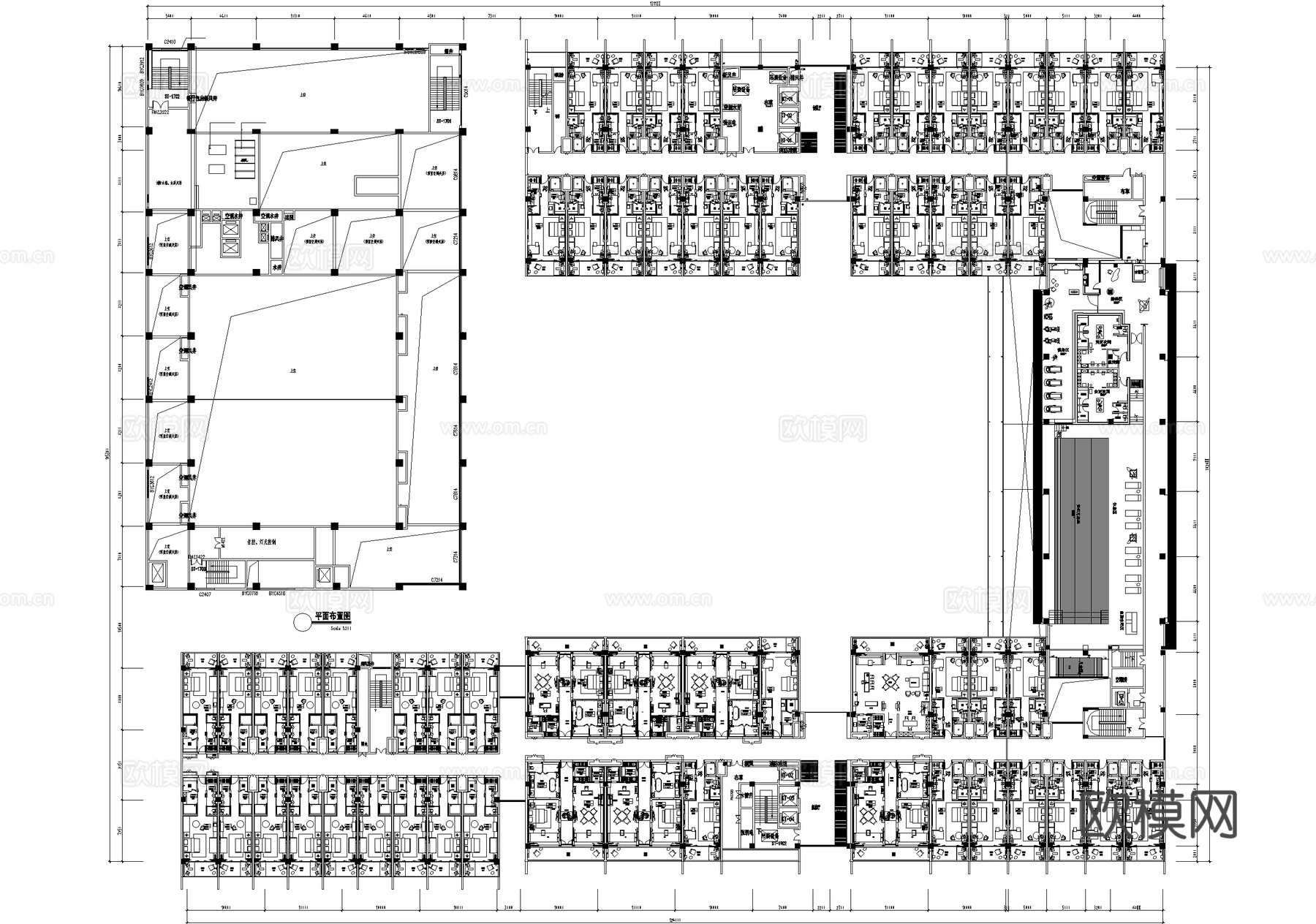公寓式酒店客房平面图 大床房 套房 健身房 游泳池cad施工图