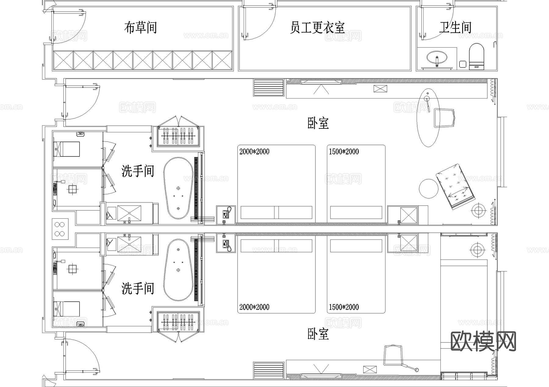 酒店客房平面图 标准间 大床房 三人间cad施工图