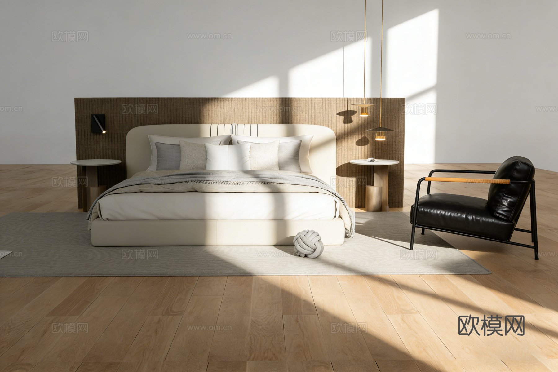 现代简约卧室双人床 双圆形边桌 编织纹理背景墙 金色吊灯 浅su模型