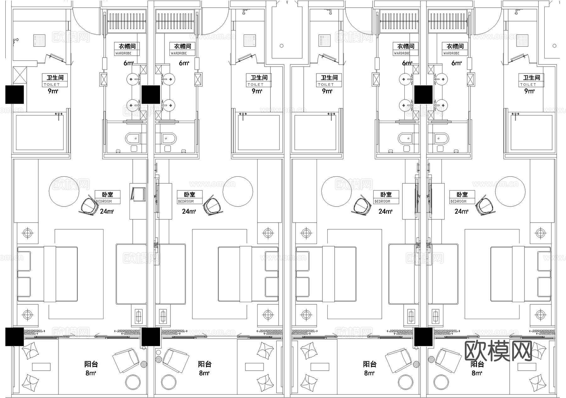 公寓式酒店客房平面图 大床房 套房 健身房 游泳池cad施工图