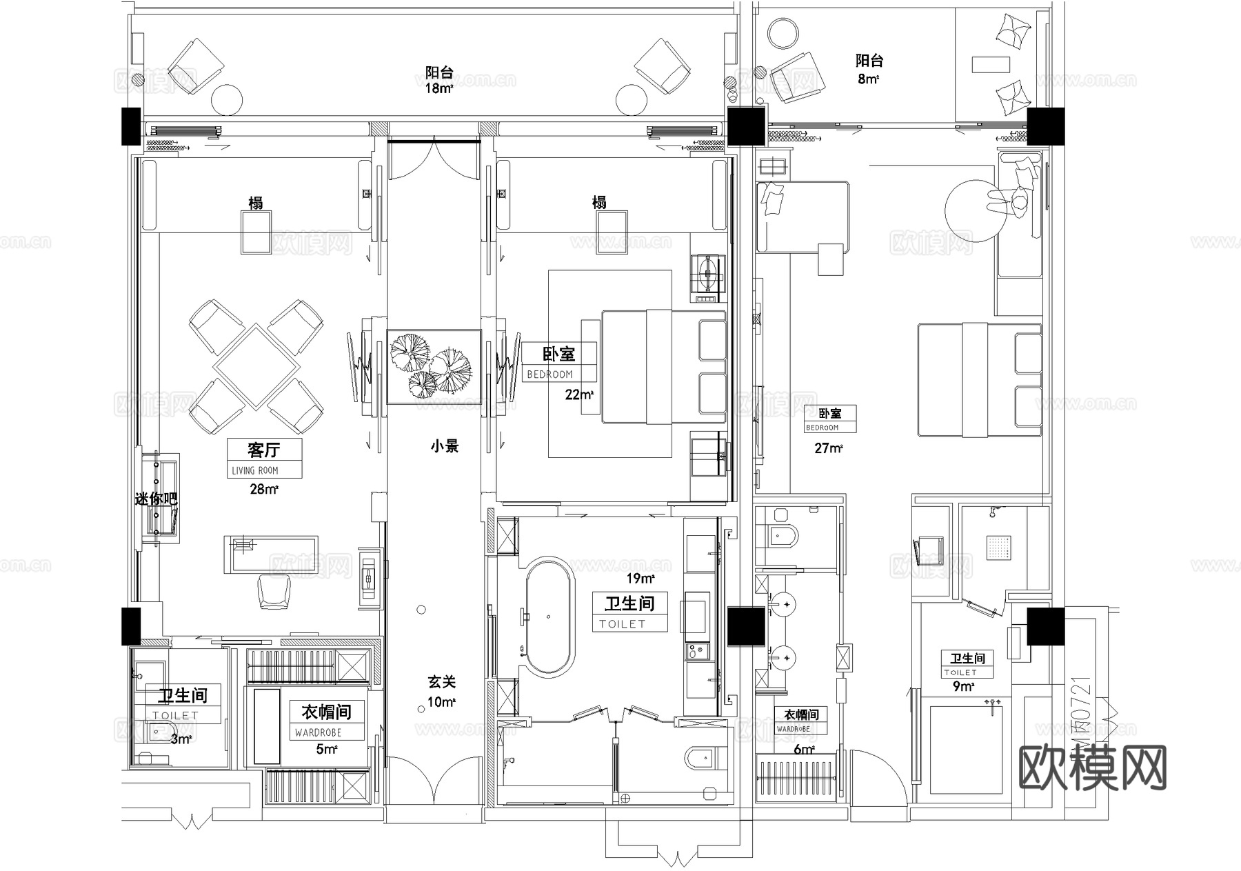 公寓式酒店客房平面图 大床房 套房 健身房 游泳池cad施工图
