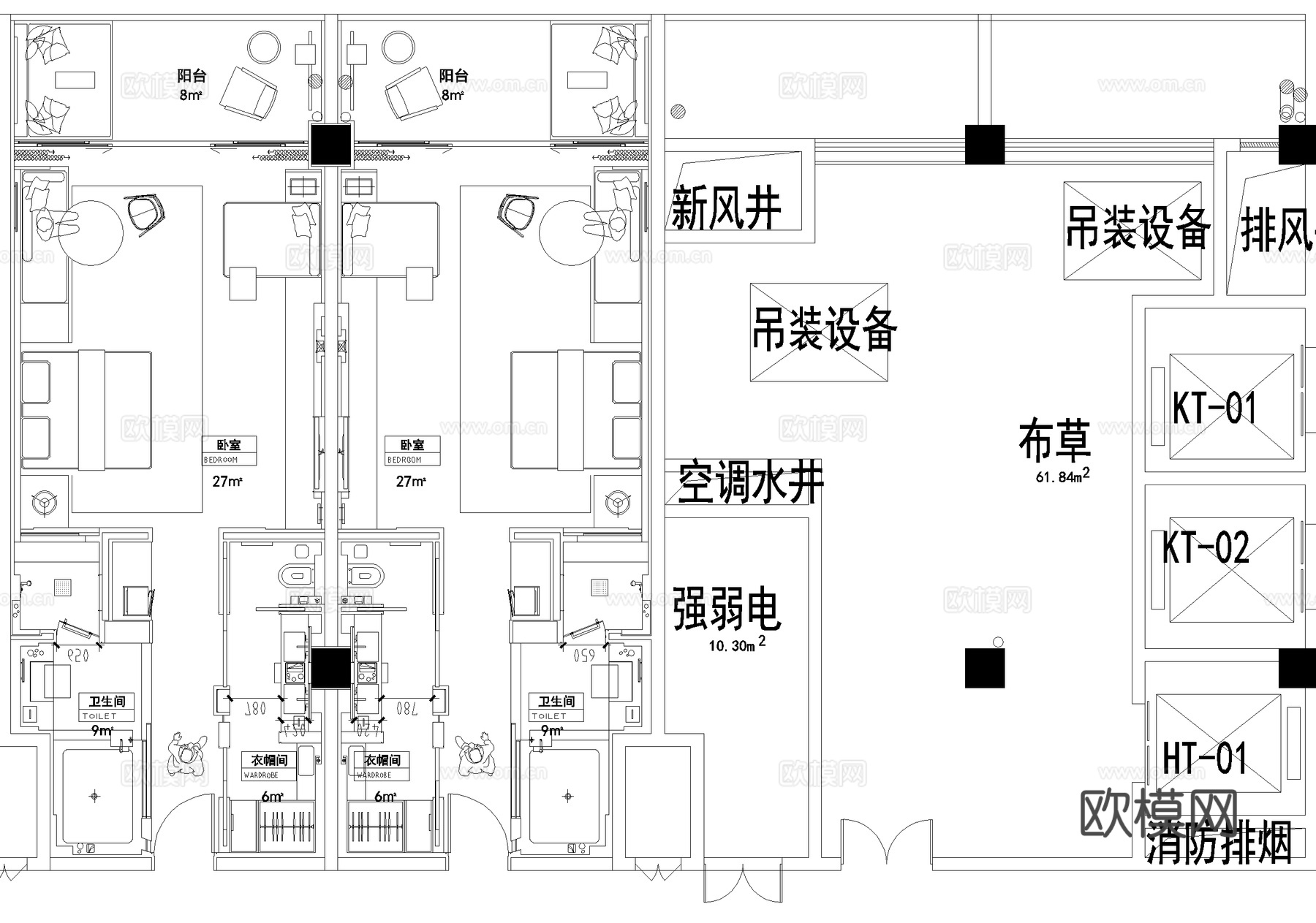 公寓式酒店客房平面图 大床房 套房 健身房 游泳池cad施工图