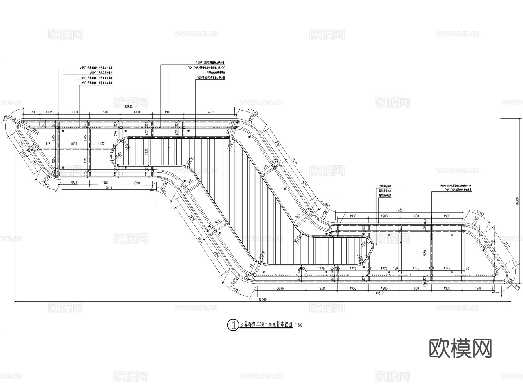 异型休闲廊架坐凳景观节点CAD施工图+SU模型cad施工图