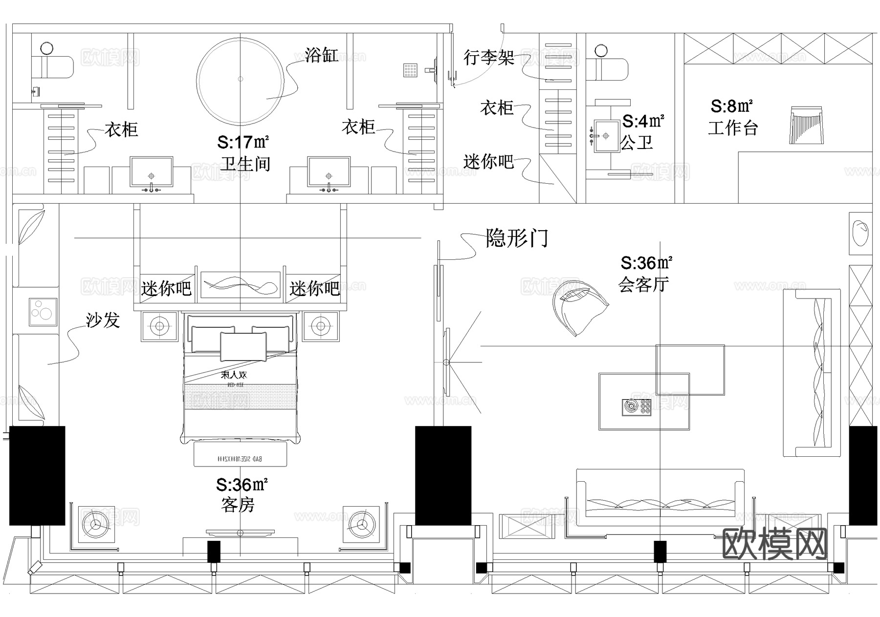 酒店客房平面图 标准间 大床房 双人间单人间套房cad施工图cad施工图