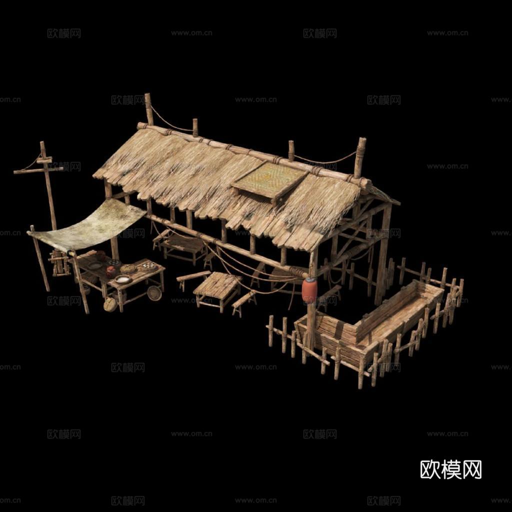 3D写实古代村落场景模型 游戏建筑场景资产 自然风格木结构素材包免费3d模型