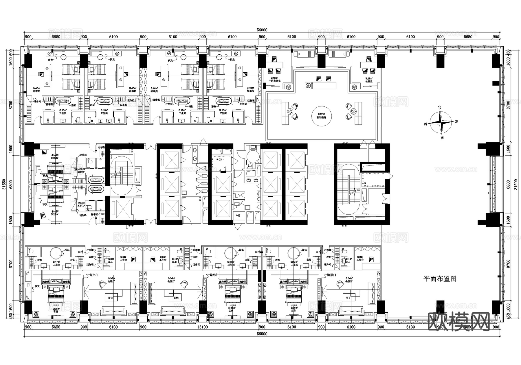 酒店客房平面图 标准间 大床房 双人间单人间套房cad施工图cad施工图