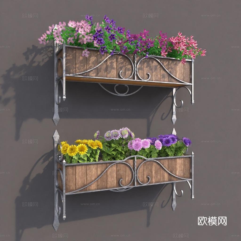 铁艺木质双层花架 复古田园风阳台墙面装饰 室内花园仿真绿植花卉架免费3d模型