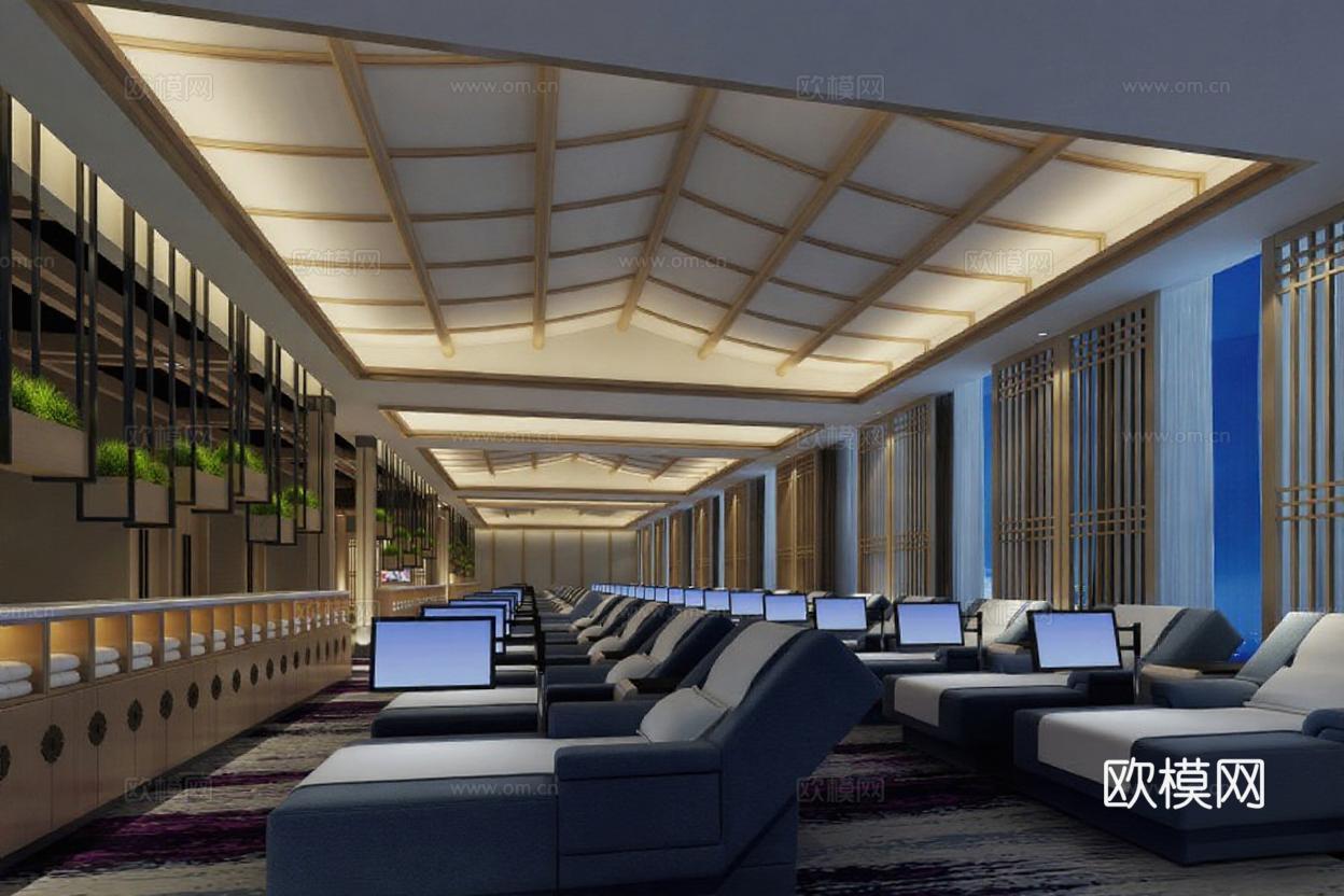 高端会所酒店休息室 未来感设计日式禅意空间 商务舱私密休息区 水疗中心长廊布局 深蓝米白木色调免费3d模型
