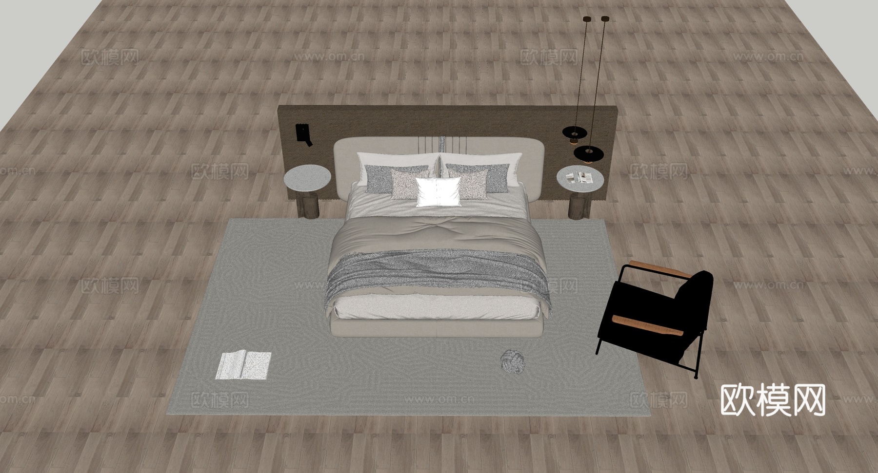 现代简约卧室双人床 双圆形边桌 编织纹理背景墙 金色吊灯 浅su模型