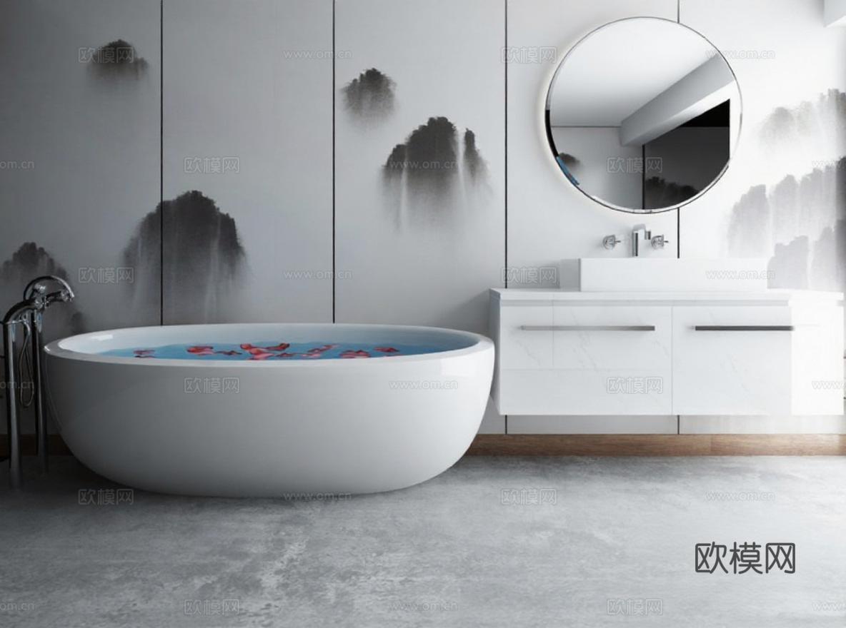 高端卫浴设计 现代独立浴缸 大理石台面卫浴空间 水墨山景装饰 极简风格灵感免费3d模型