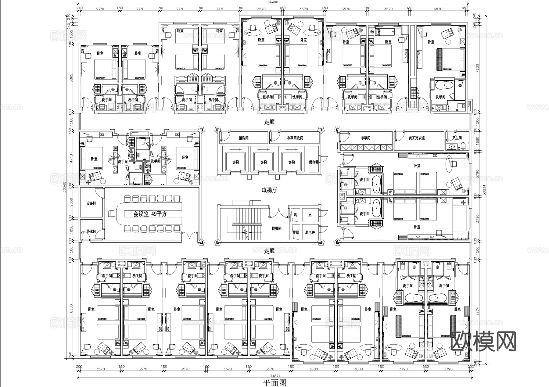 酒店客房平面图 标准间 大床房 三人间cad施工图