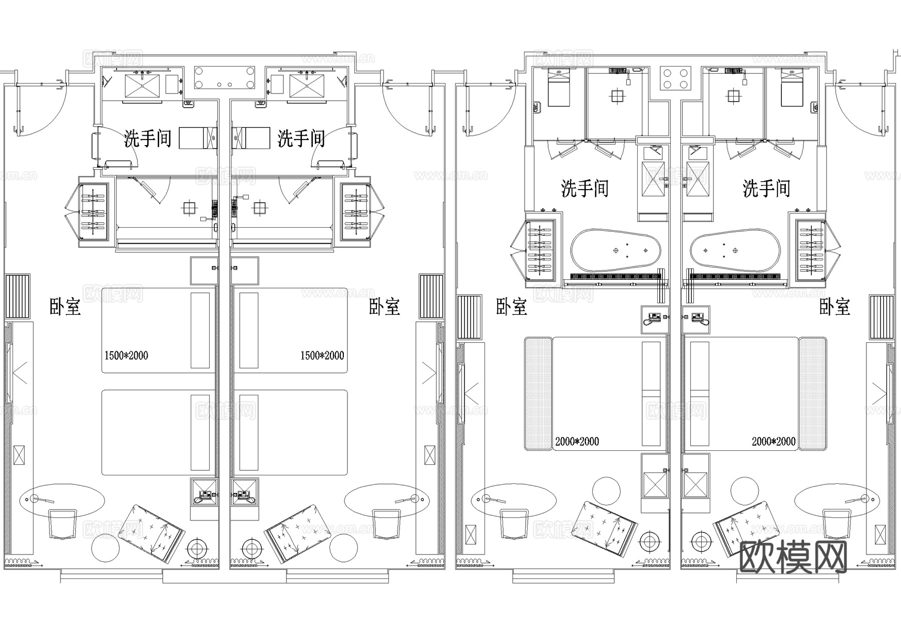 酒店客房平面图 标准间 大床房 三人间cad施工图