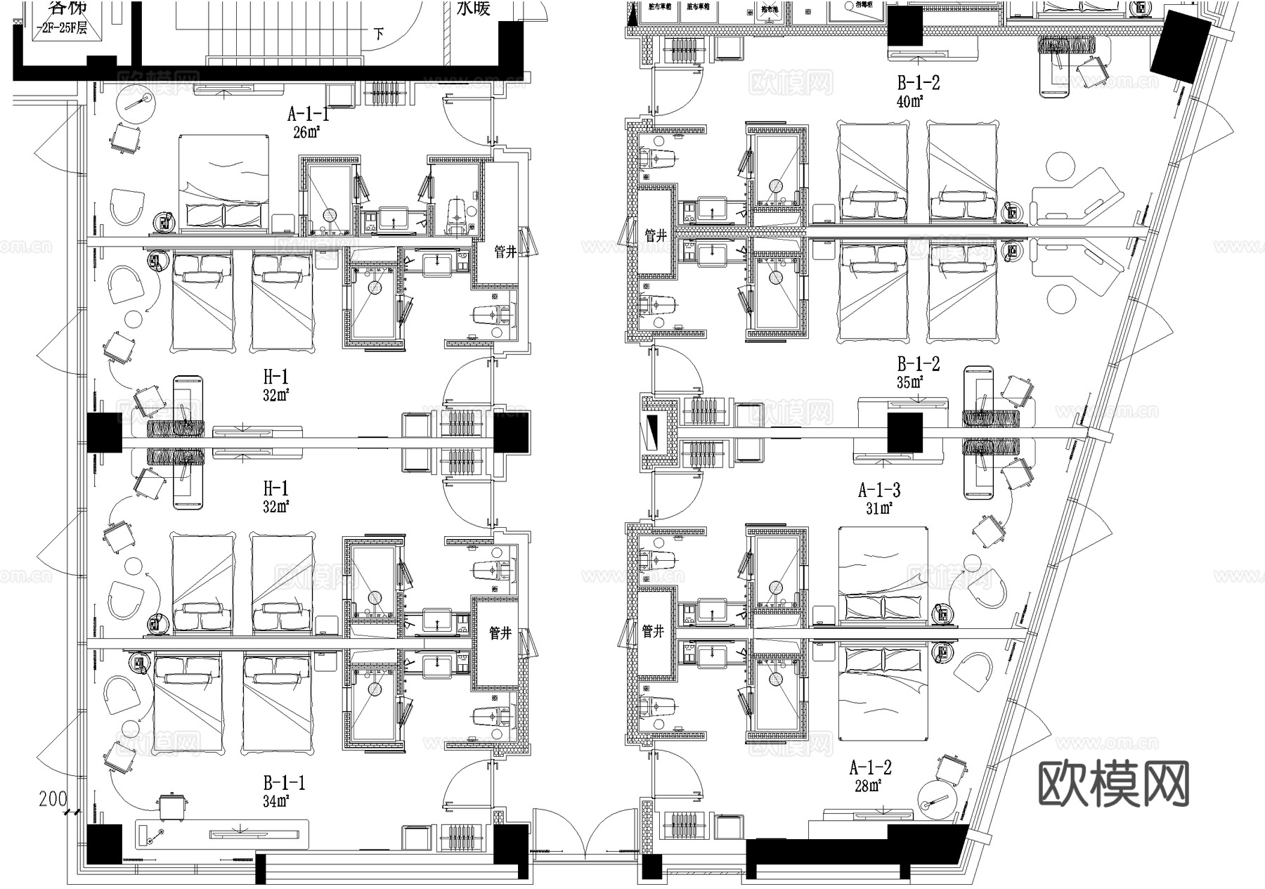 酒店客房 平面图 标准间 大床房cad施工图