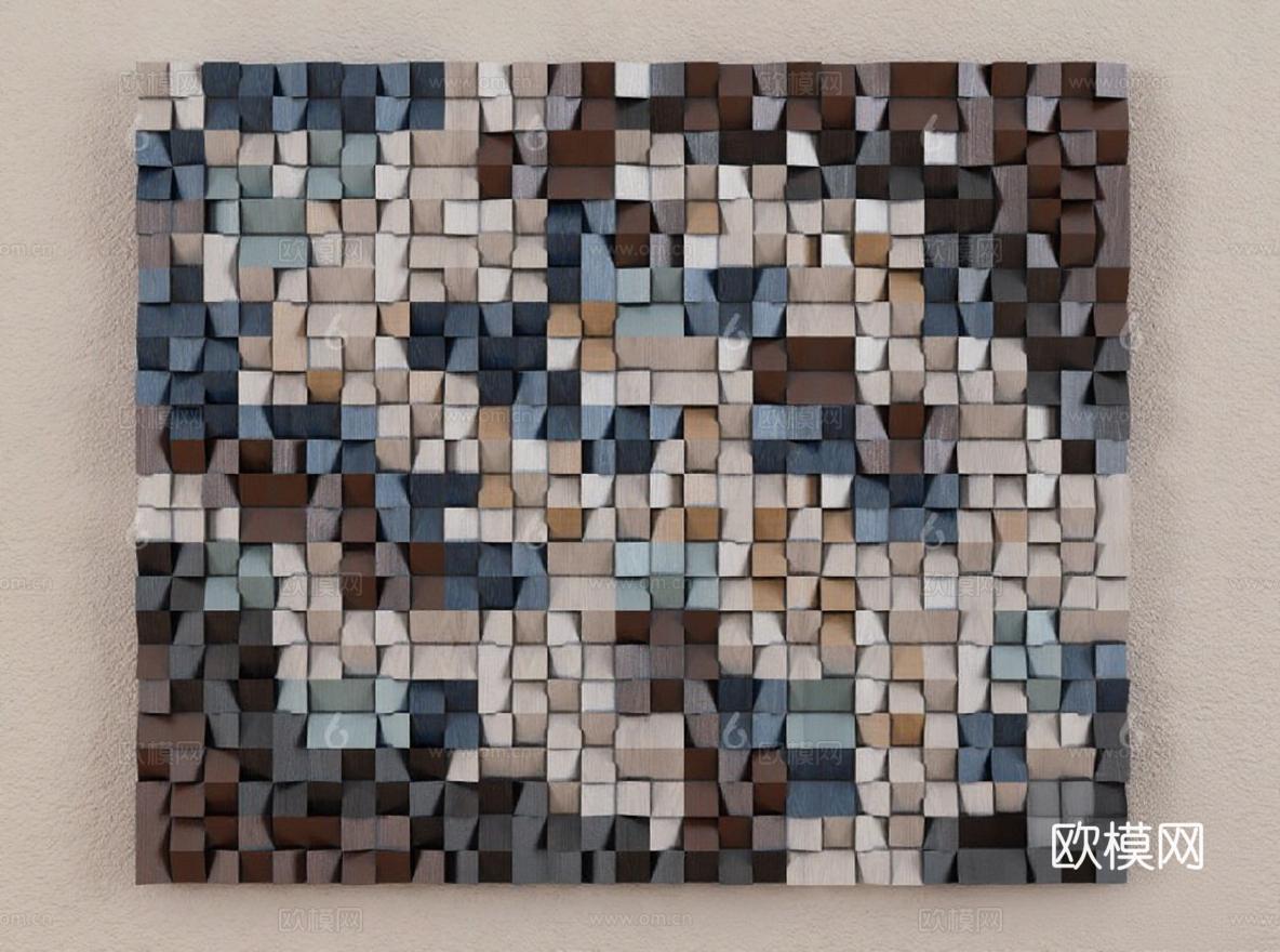 木质立体拼贴艺术墙饰 现代家居抽象几何装饰画 天然木纹3D极简墙面设计免费3d模型