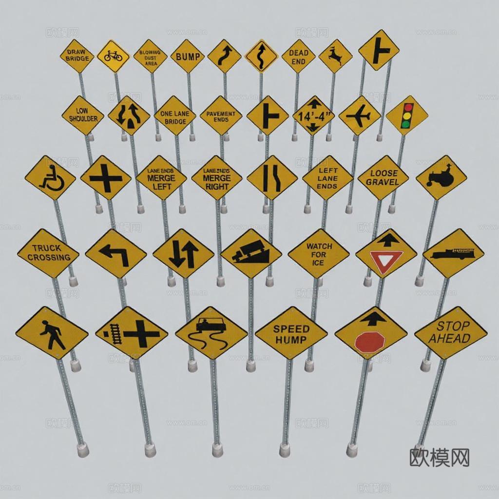 3D交通标志模型 道路安全警示标识 金属杆橡胶底座设计 黄色菱形标牌展示免费3d模型下载