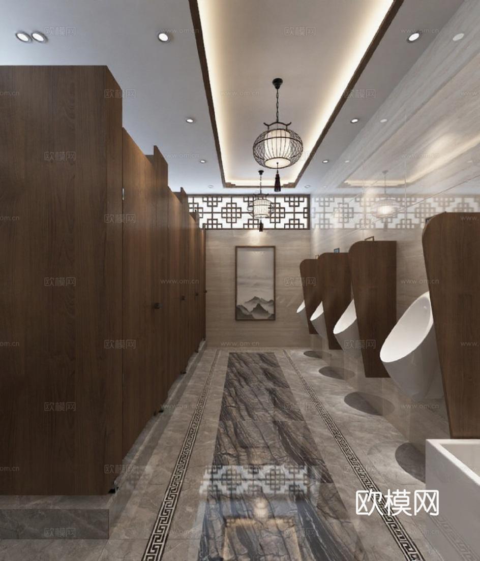 中式公共洗手间设计 高端商业空间卫生间3D渲染图 现代传统融合室内装修免费3d模型下载