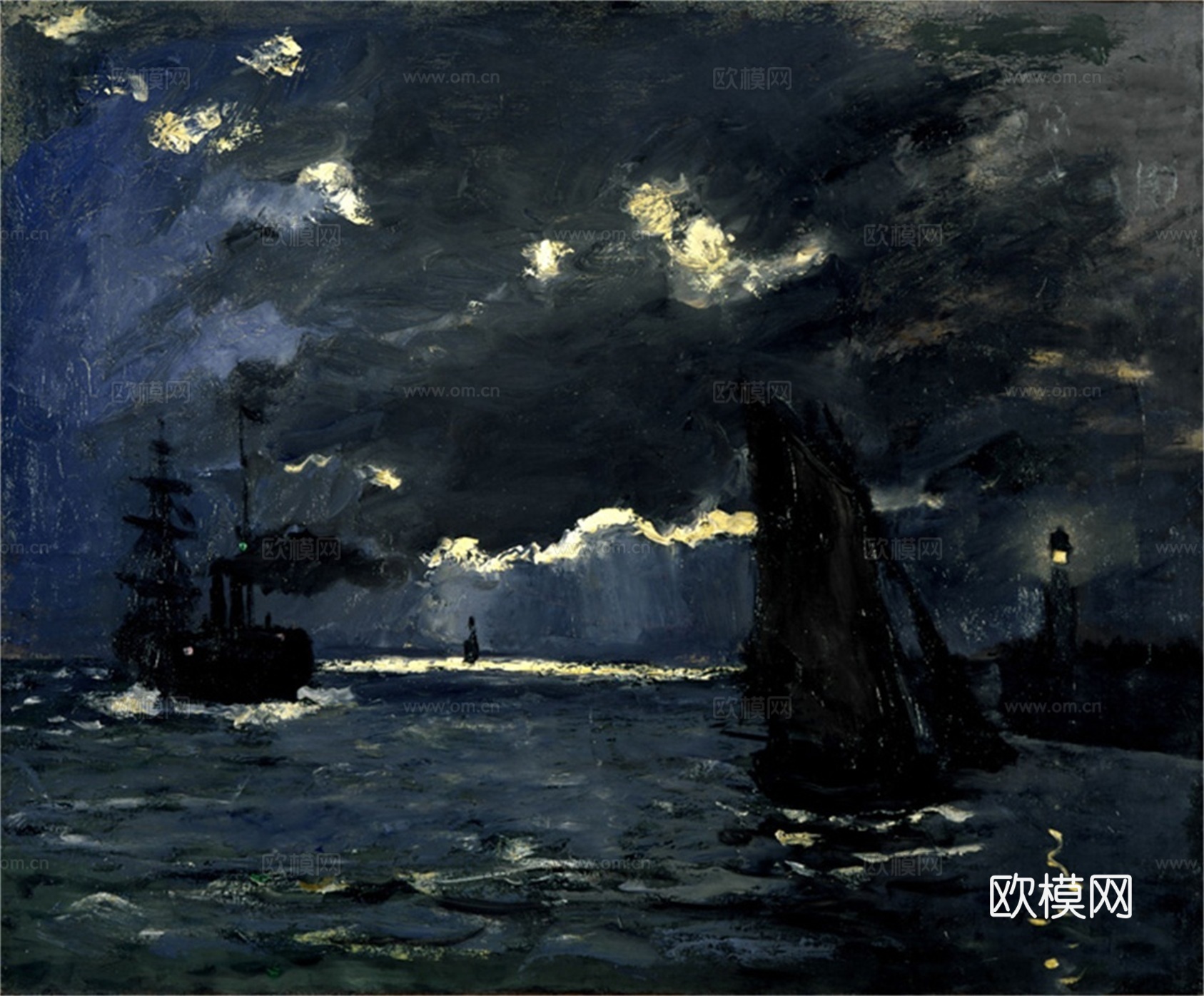 莫奈印象派绘画作品，世界经典名画55月光下的航船 苏格兰爱丁