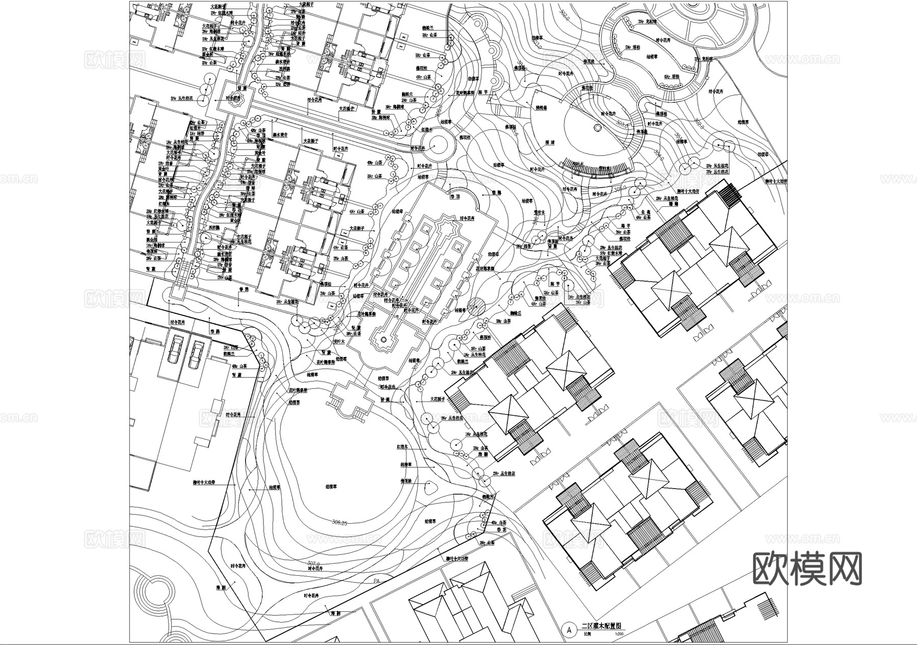 示范区景观植物种植绿化配置平面图 展示区样板区cad施工图