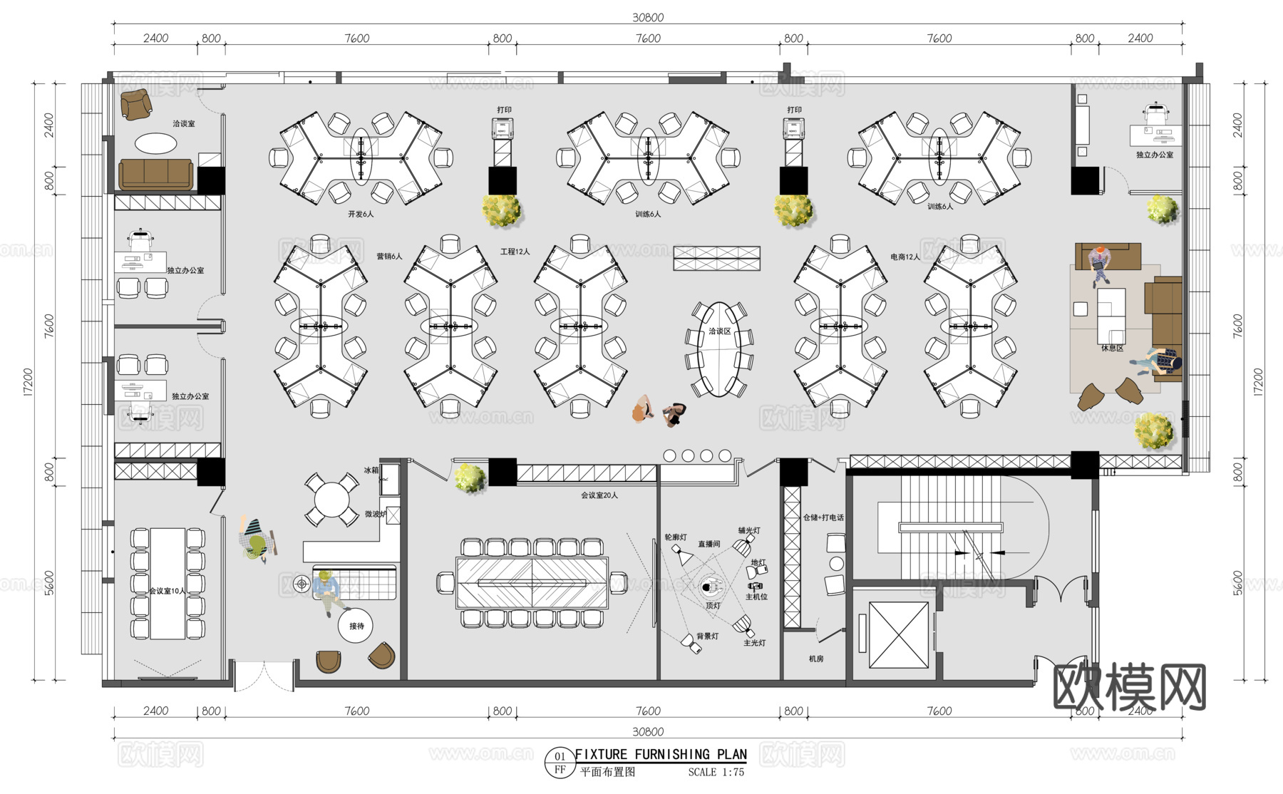 现代开放式办公室设计cad施工图