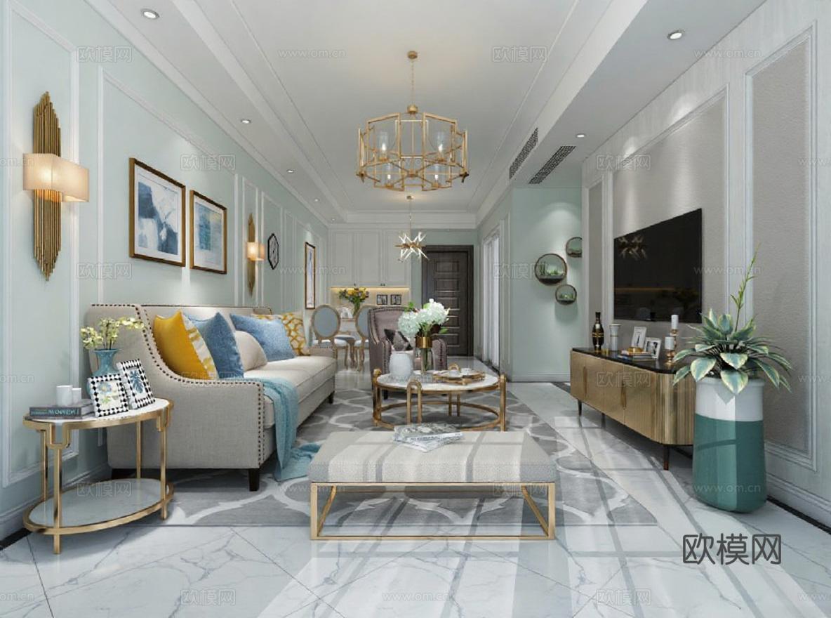 现代轻奢客厅设计 浅灰蓝墙面长廊式布局 3D渲染大理石地面装修效果图 金属元素家居美学免费3d模型下载
