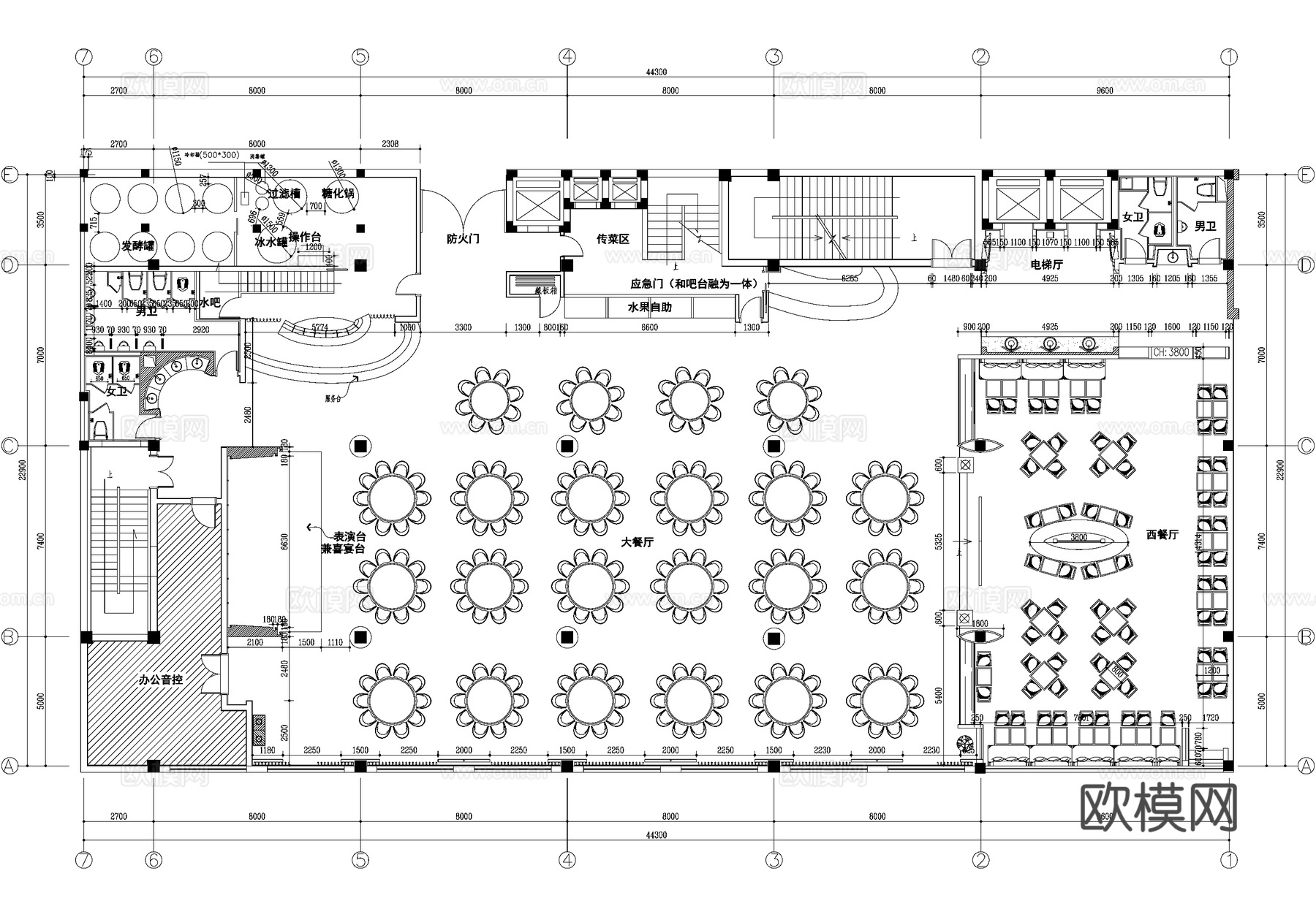 西餐厅宴会厅平面图cad施工图