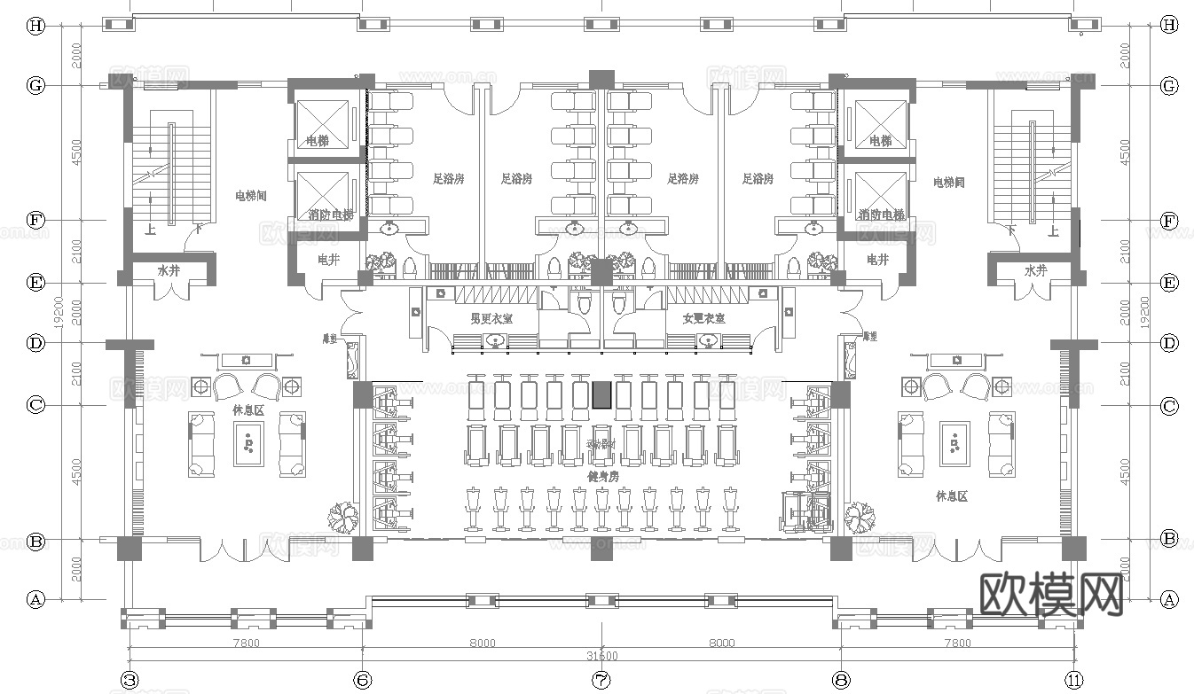 健身会所 最新平面施工图cad施工图