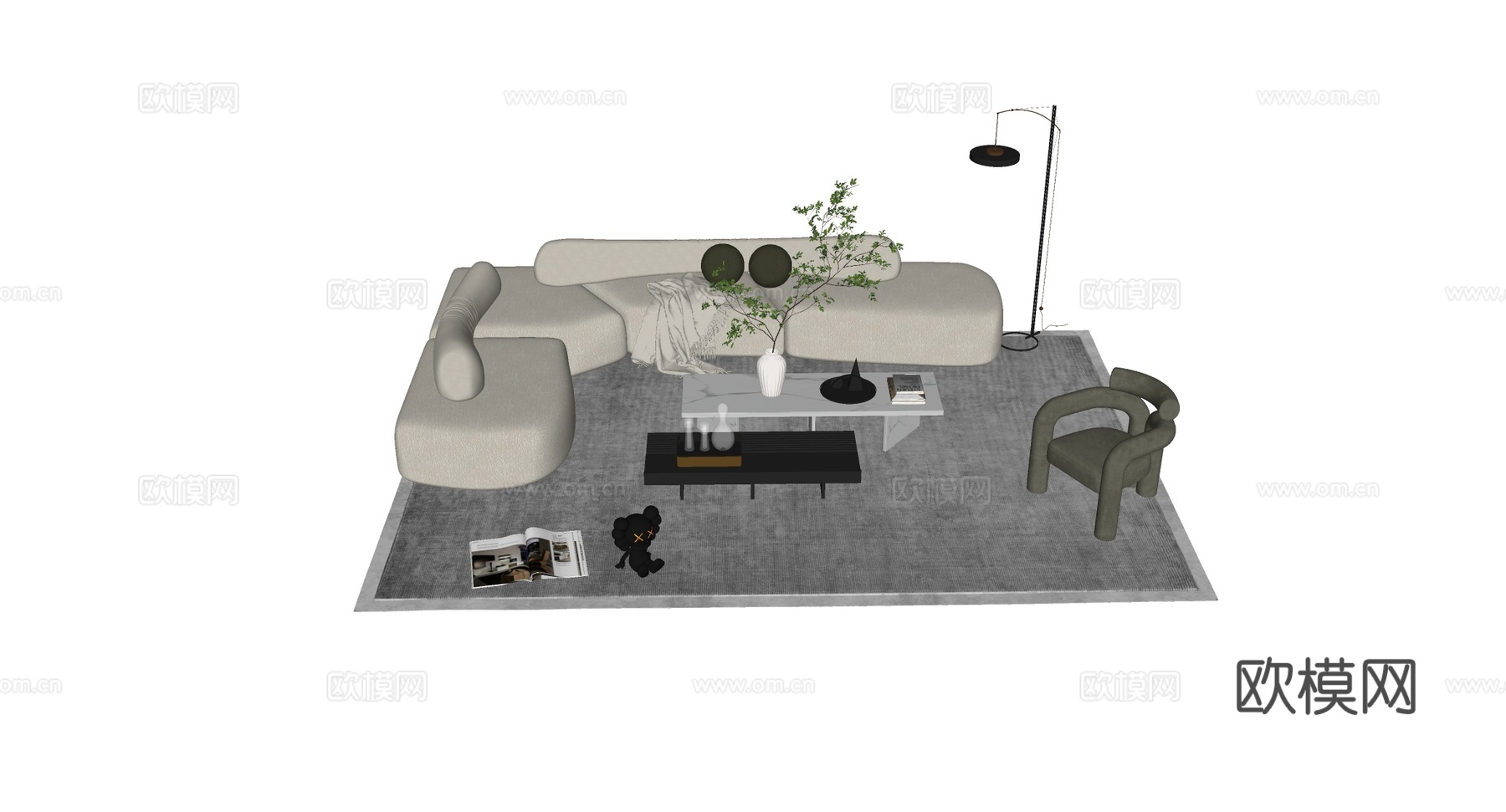现代简约弧形沙发客厅 沙发茶几组合 墨绿抱枕龟背竹 配大理石su模型