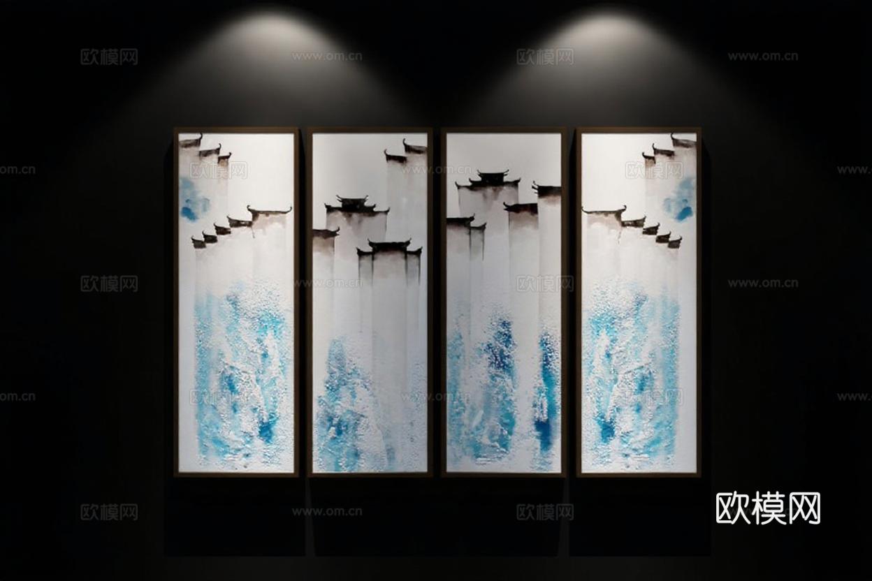 水墨抽象艺术画 东方禅意家居装饰 深色木框现代挂画 高端室内文化墙设计免费3d模型