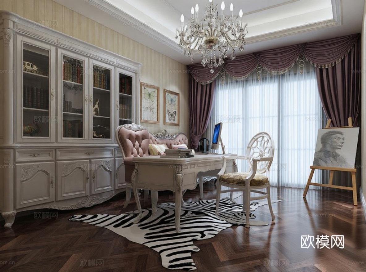 欧式奢华书房设计 艺术空间装修 高端家居办公环境免费3d模型下载