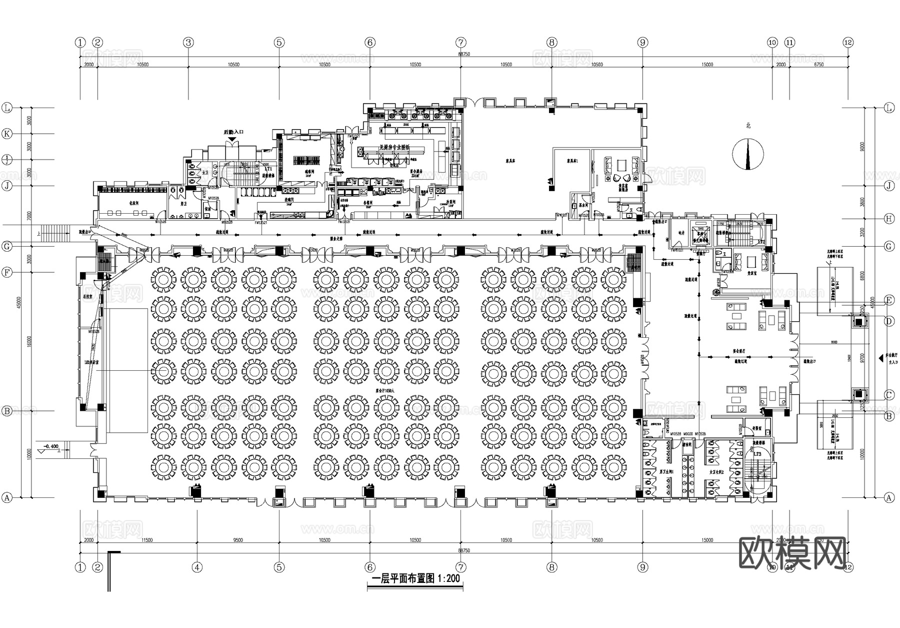 会议中心宴会厅多功能厅平面图cad施工图