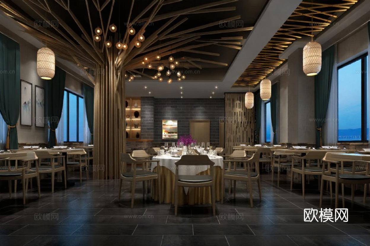高端餐饮空间设计 自然元素现代简约餐厅3D渲染效果图 艺术空间室内设计案例免费3d模型