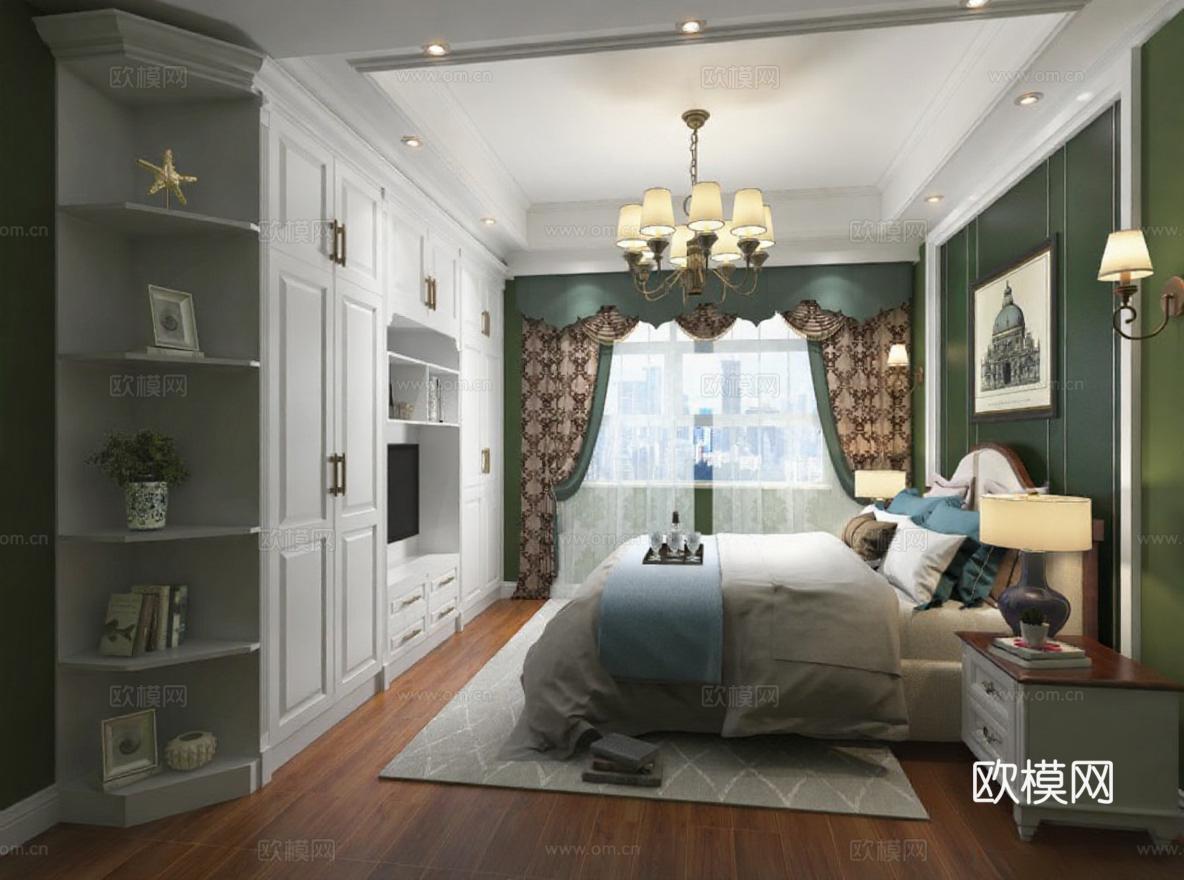 美式乡村风格卧室设计 深绿白调对称布局 高端装修3D渲染案例免费3d模型下载