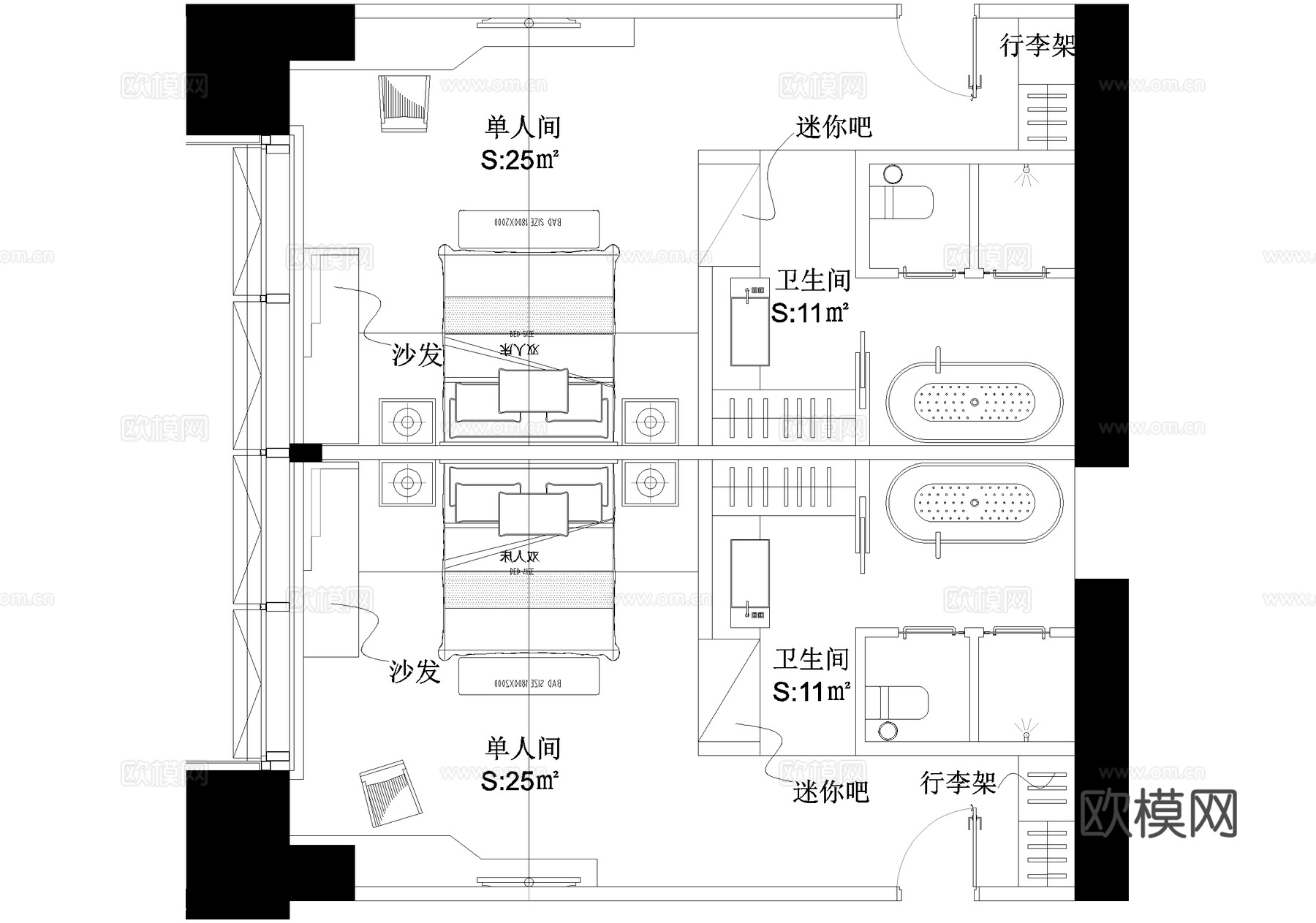 酒店客房平面图 标准间 大床房 双人间单人间套房cad施工图cad施工图