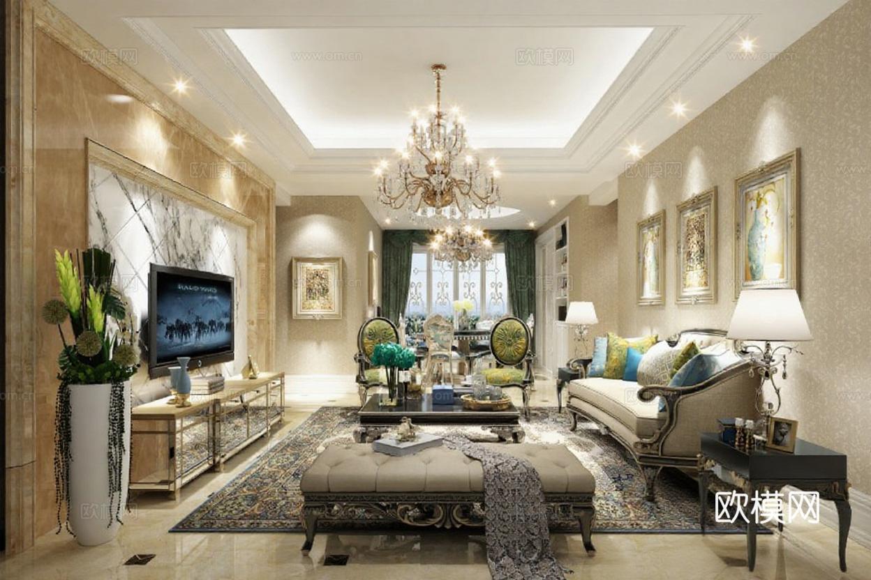 欧式客厅设计 奢华家居装饰风格 大理石电视墙水晶吊灯 3D渲染效果展示免费3d模型下载
