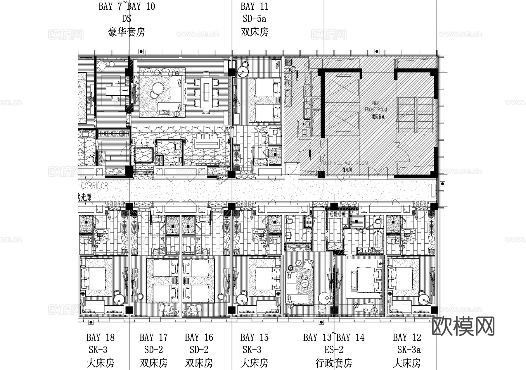 酒店客房家具平面图天花图 标准间双床房大床房行政豪华套房cad施工图