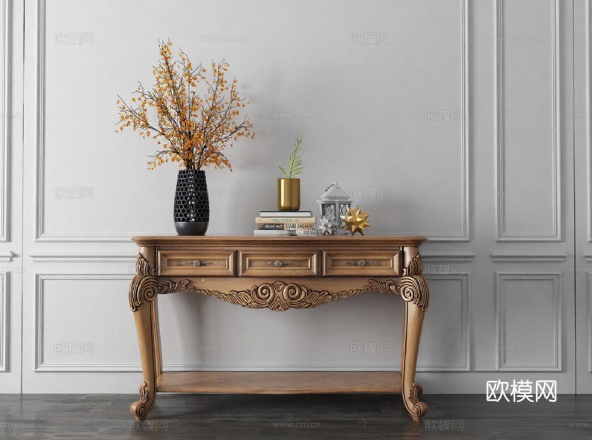 古典风格装饰台 家居软装设计 高端室内家具展示 3D模型图 对称布局家居摆件免费3d模型