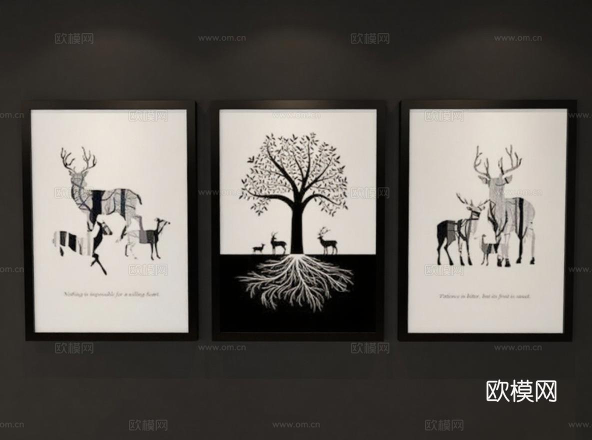北欧风三联装饰画 客厅卧室墙面艺术 黑白极简鹿树励志语录挂画免费3d模型下载