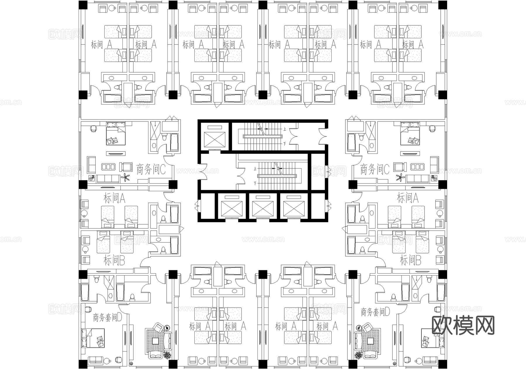 酒店客房平面图 标准间 商务套间套房cad施工图