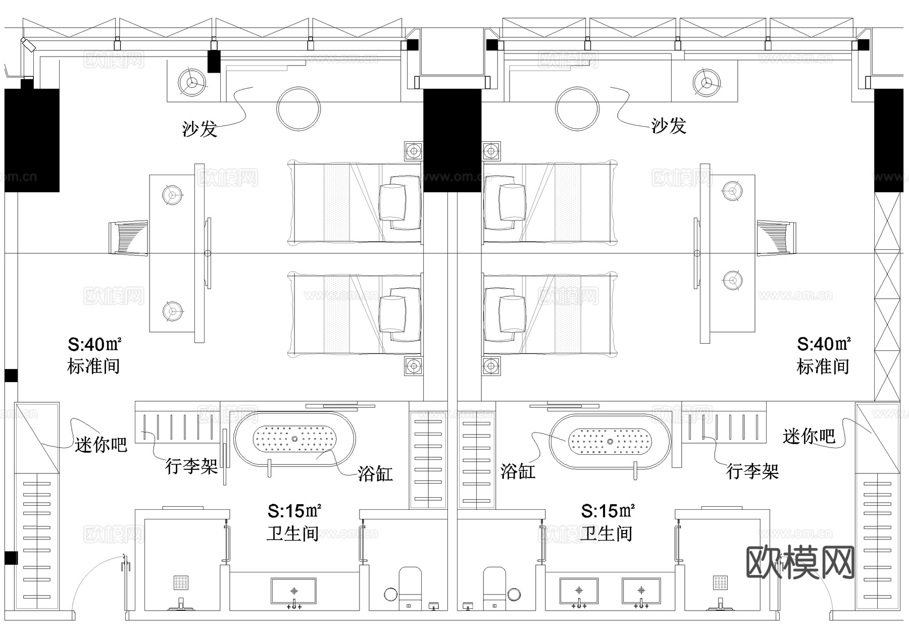 酒店客房平面图 标准间 大床房 双人间单人间套房cad施工图cad施工图