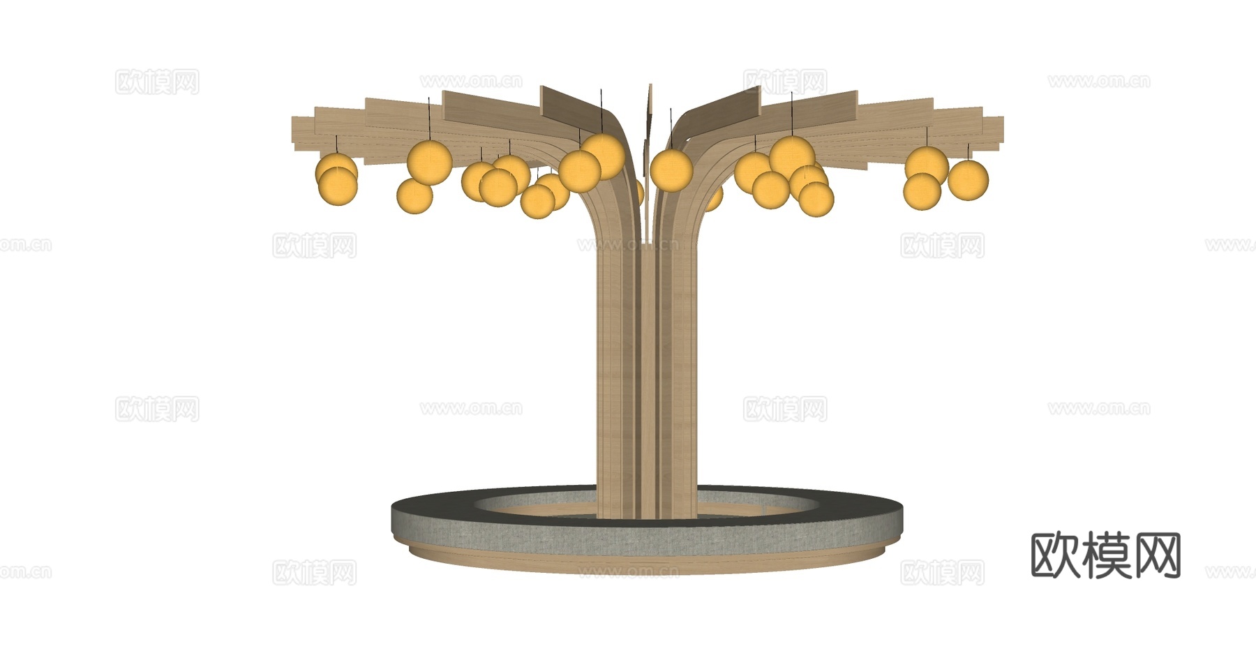 现代轻奢抽象金叶树艺术装置 金色树枝悬挂球体 大理石底座su模型