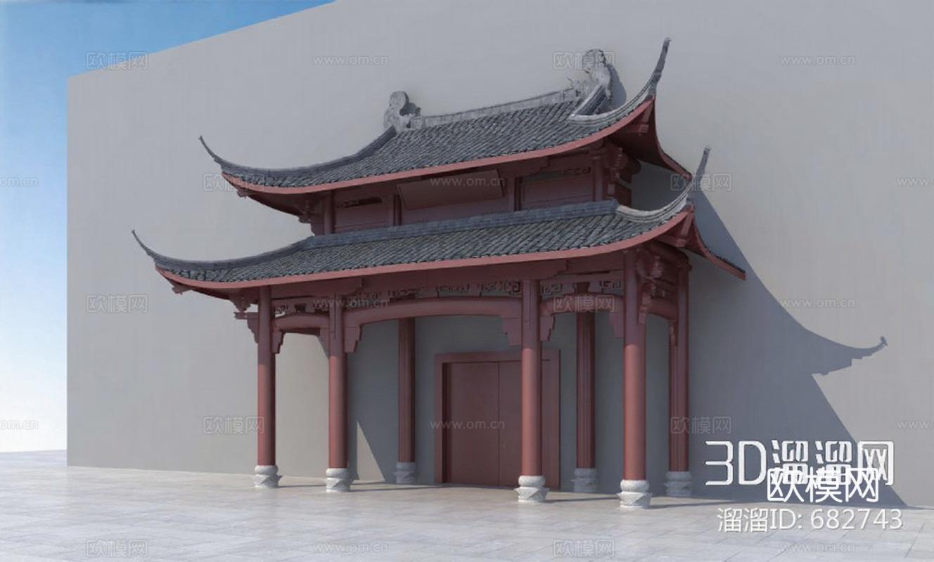 中式门楼3D模型 古建筑飞檐设计 红木结构石基瓦顶素材免费3d模型下载