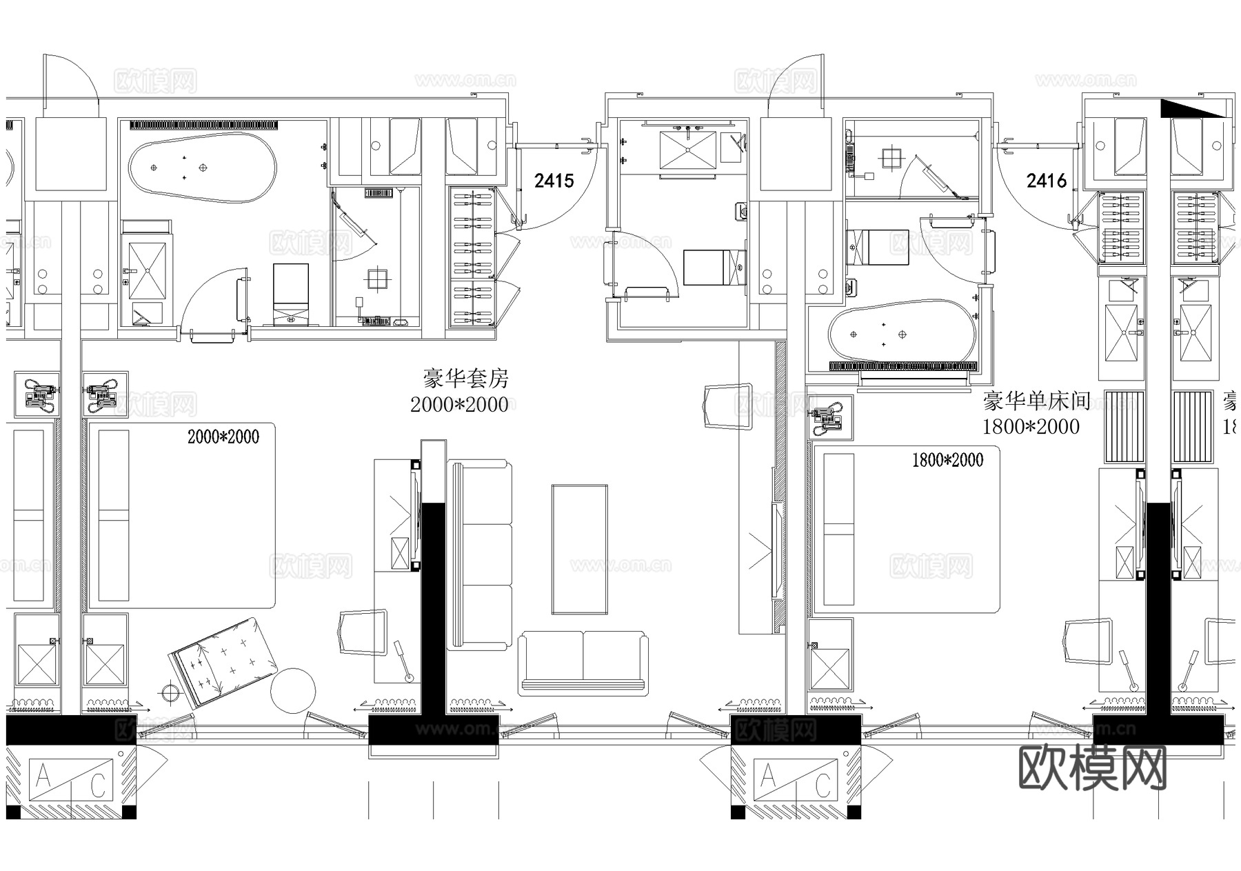 酒店客房平面图 标准间 大床房 单床间双床间 豪华套房cad施工图
