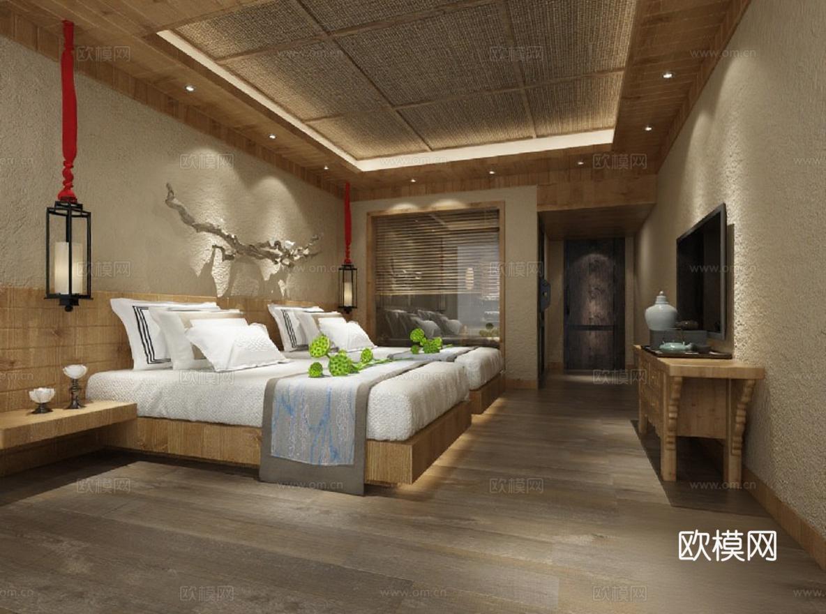 中式卧室设计效果图 酒店客房3D渲染案例 度假屋自然风格装饰灵感免费3d模型