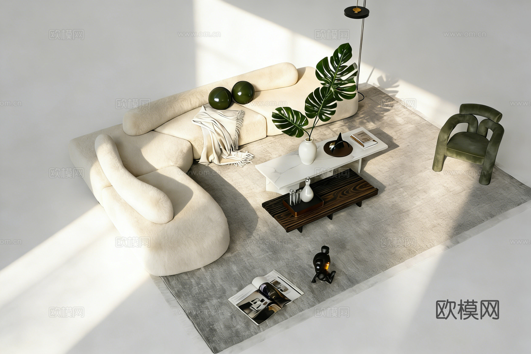 现代简约弧形沙发客厅 沙发茶几组合 墨绿抱枕龟背竹 配大理石su模型